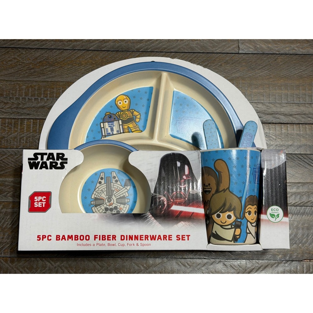 Star Wars Dinnerware Set Kids OS Blue New Bamboo Fiber 5pc Chibi Disney